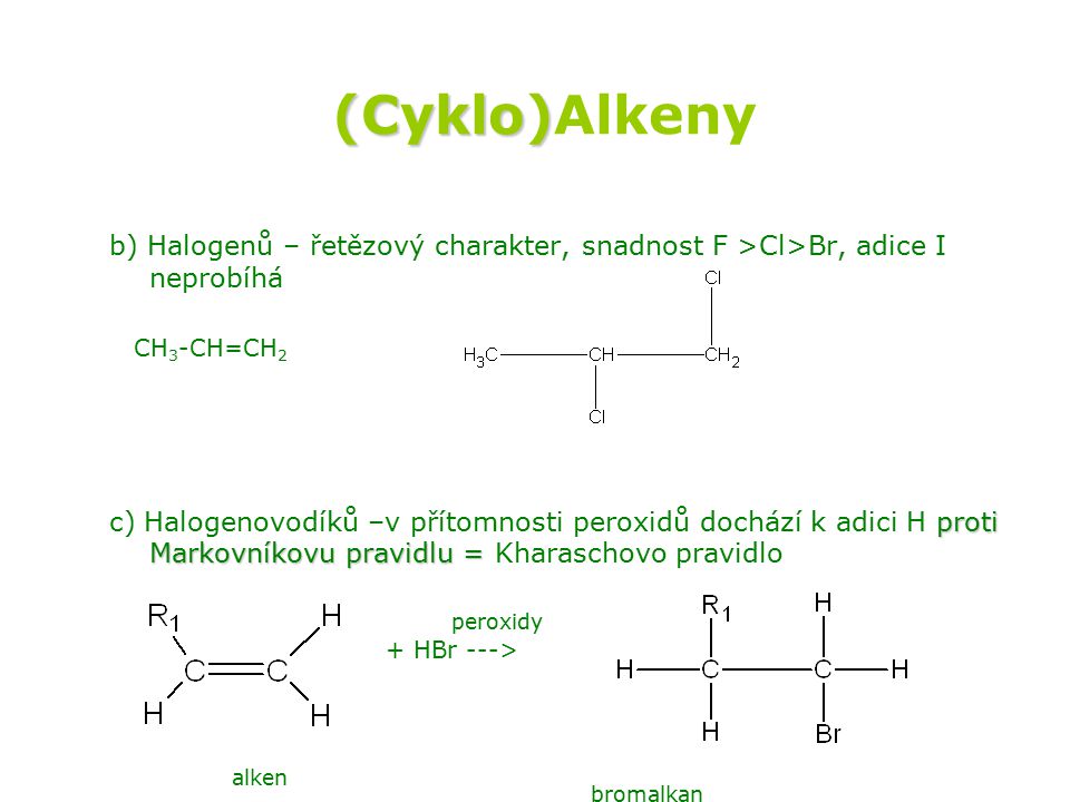(Cyklo)Alkeny b) Halogenů – řetězový charakter, snadnost F >Cl>Br, adice I neprobíhá. CH3-CH=CH2.