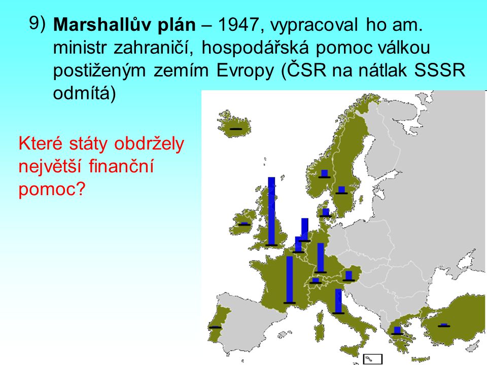 9) Marshallův plán – 1947, vypracoval ho am. ministr zahraničí, hospodářská pomoc válkou postiženým zemím Evropy (ČSR na nátlak SSSR odmítá)