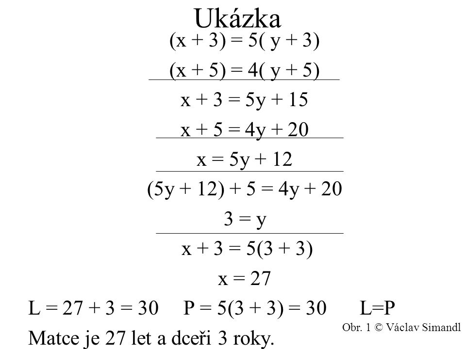 Ukázka (x + 3) = 5( y + 3) (x + 5) = 4( y + 5) x + 3 = 5y + 15