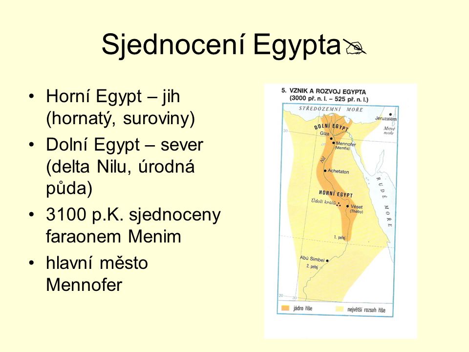 Sjednocení Egypta Horní Egypt – jih (hornatý, suroviny)