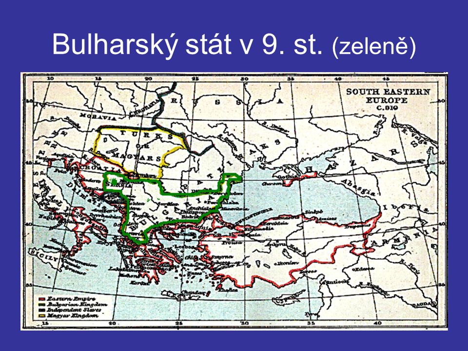 Bulharský stát v 9. st. (zeleně)