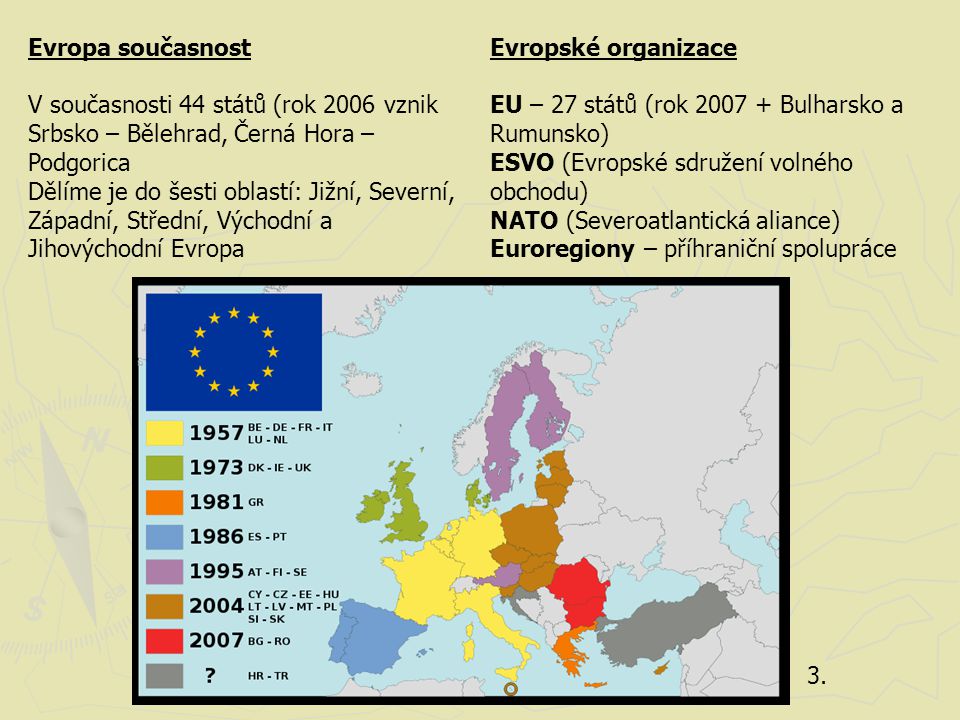 Evropa současnost V současnosti 44 států (rok 2006 vznik Srbsko – Bělehrad, Černá Hora – Podgorica.