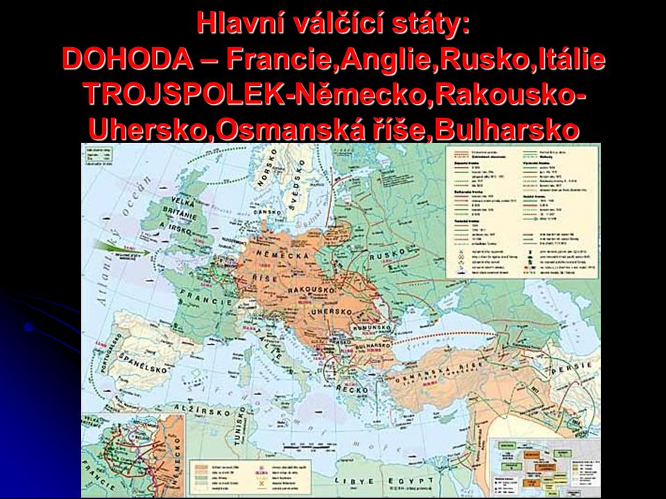 Hlavní válčící státy: DOHODA – Francie,Anglie,Rusko,Itálie TROJSPOLEK-Německo,Rakousko-Uhersko,Osmanská říše,Bulharsko