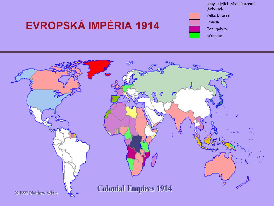 EVROPSKÁ IMPÉRIA 1914 státy a jejich závislá území (kolonie):