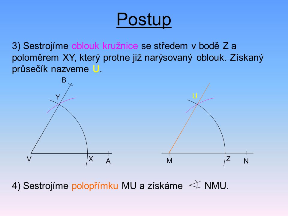 Postup 3) Sestrojíme oblouk kružnice se středem v bodě Z a poloměrem XY, který protne již narýsovaný oblouk. Získaný průsečík nazveme U.