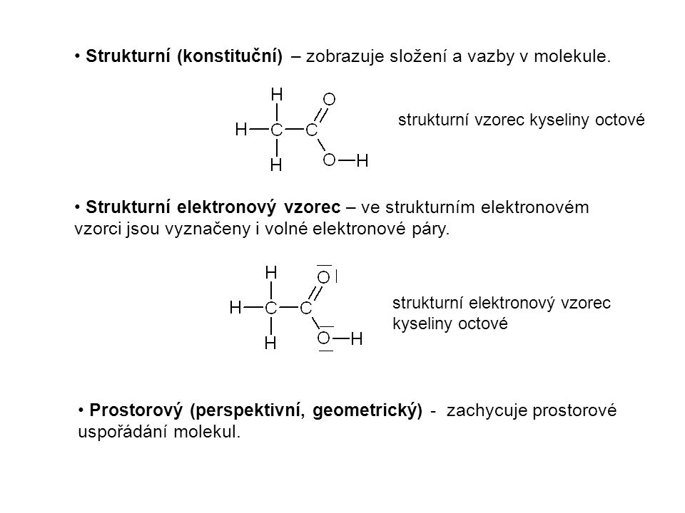 Strukturní (konstituční) – zobrazuje složení a vazby v molekule.