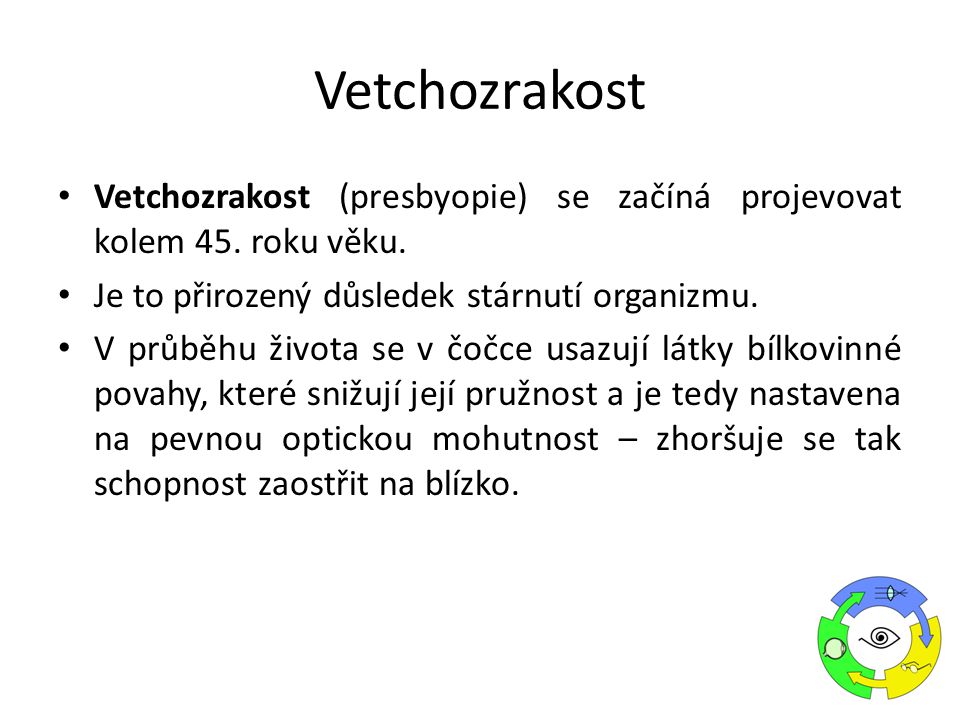 Vetchozrakost Vetchozrakost (presbyopie) se začíná projevovat kolem 45. roku věku. Je to přirozený důsledek stárnutí organizmu.