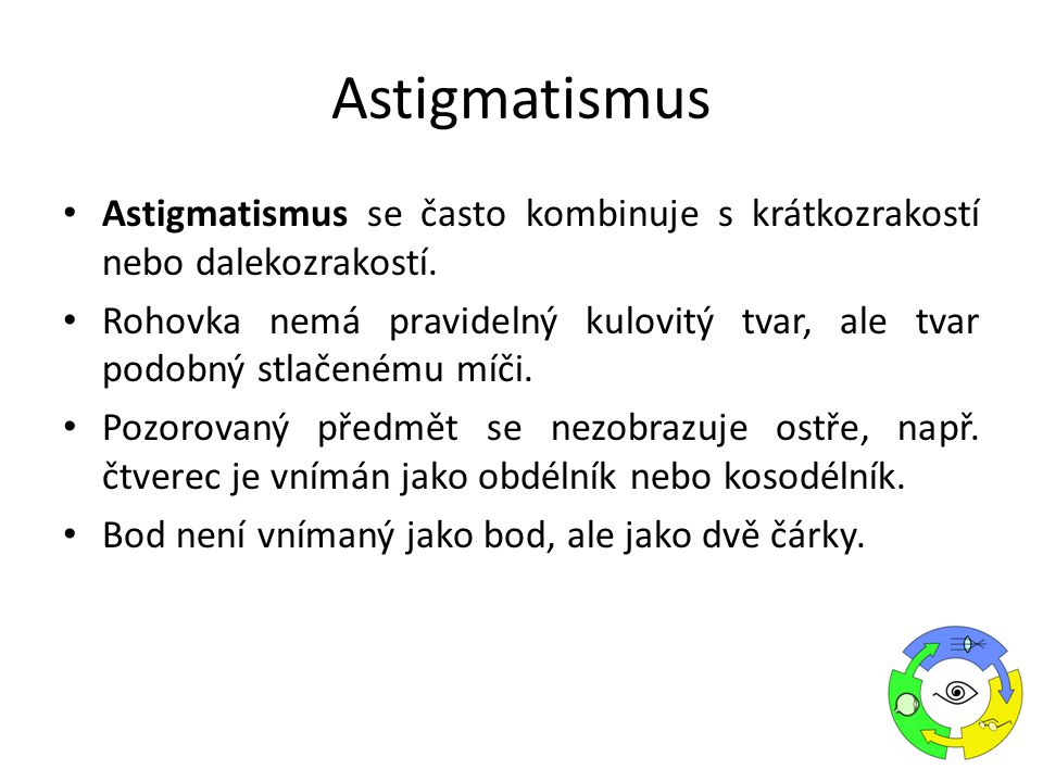Astigmatismus Astigmatismus se často kombinuje s krátkozrakostí nebo dalekozrakostí.