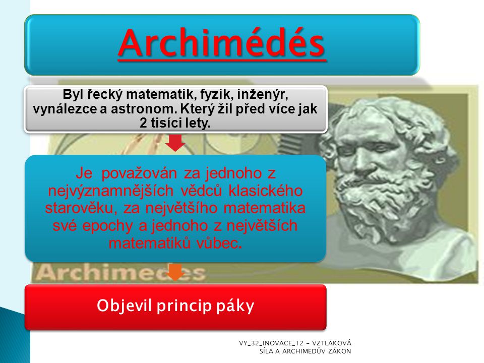 Archimédés Byl řecký matematik, fyzik, inženýr, vynálezce a astronom. Který žil před více jak 2 tisíci lety.