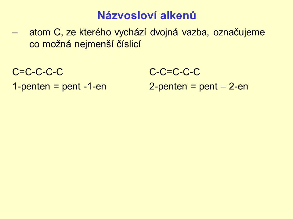 Názvosloví alkenů atom C, ze kterého vychází dvojná vazba, označujeme co možná nejmenší číslicí. C=C-C-C-C C-C=C-C-C.