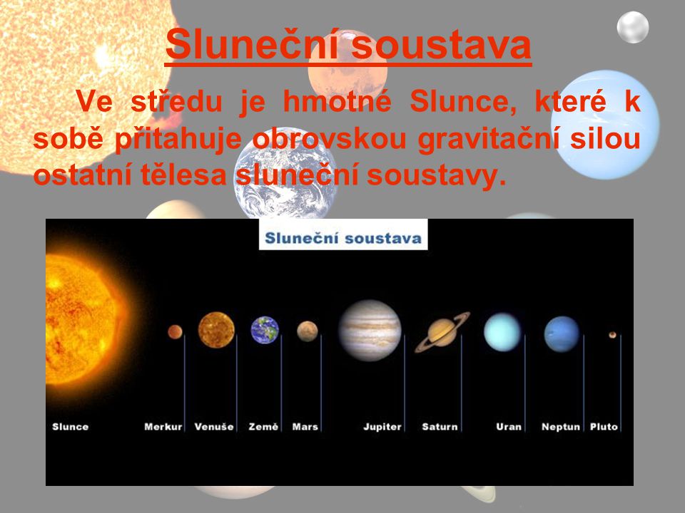 Sluneční soustava Ve středu je hmotné Slunce, které k sobě přitahuje obrovskou gravitační silou ostatní tělesa sluneční soustavy.