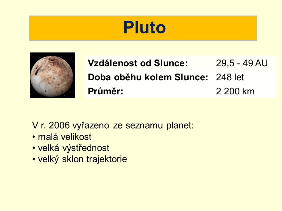 Pluto Vzdálenost od Slunce: 29, AU Doba oběhu kolem Slunce: