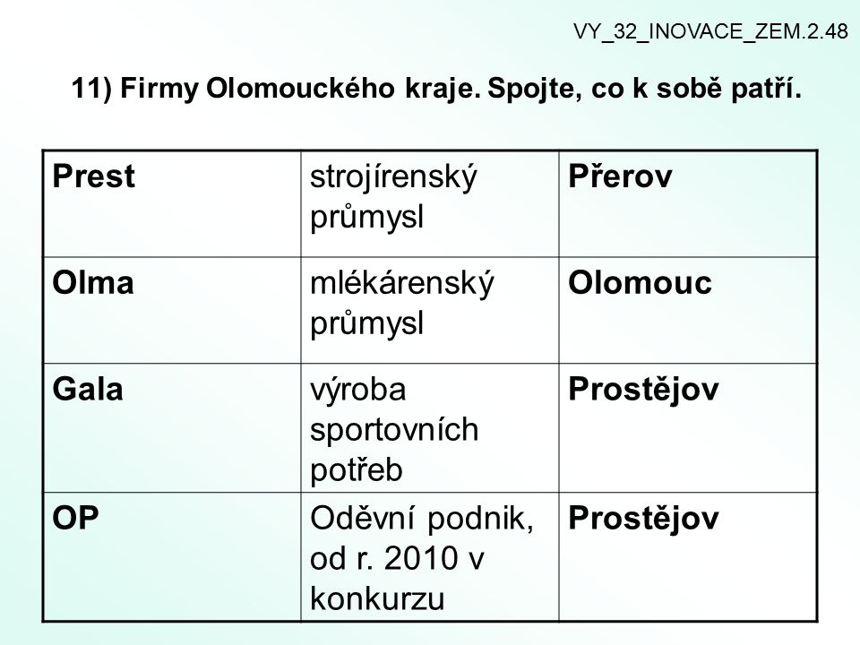11) Firmy Olomouckého kraje. Spojte, co k sobě patří.