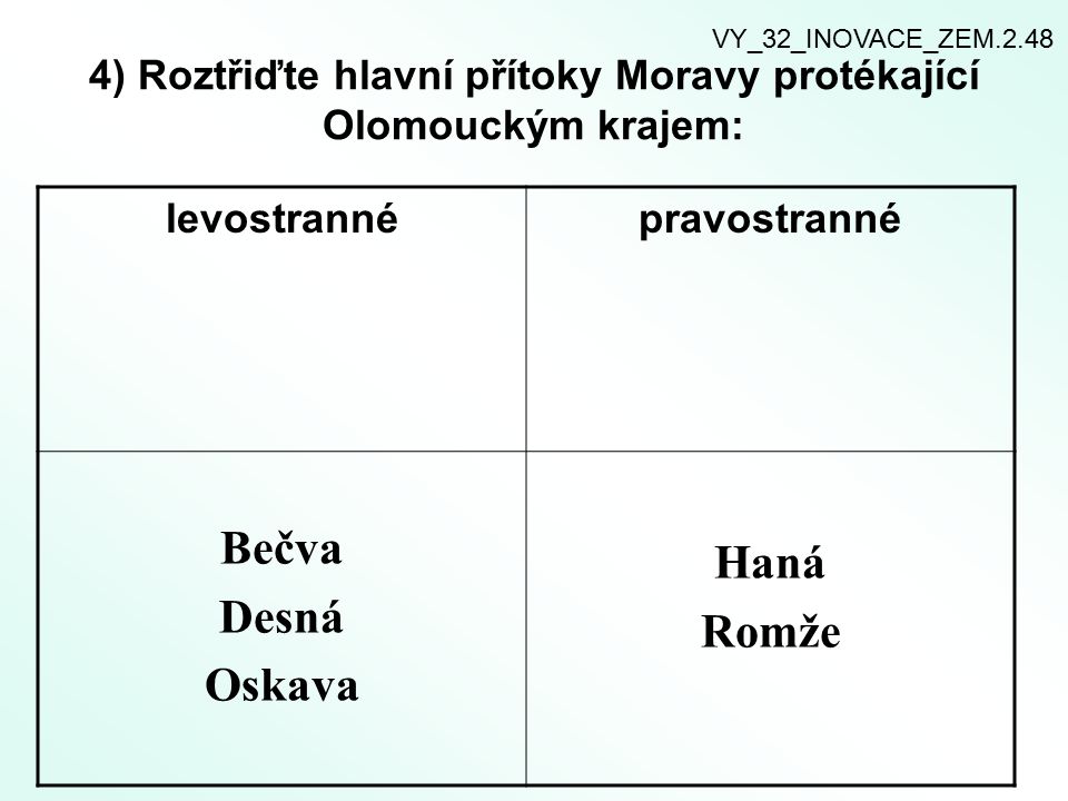 4) Roztřiďte hlavní přítoky Moravy protékající Olomouckým krajem: