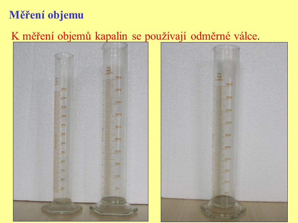 Měření objemu K měření objemů kapalin se používají odměrné válce.
