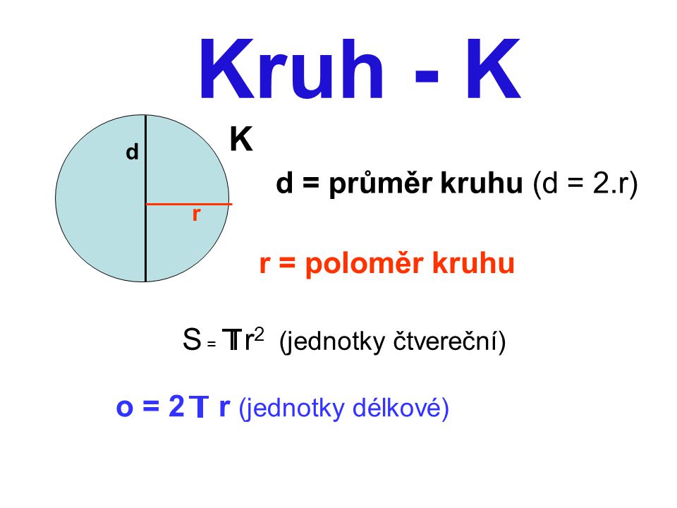 Kruh - K K d = průměr kruhu (d = 2.r) r = poloměr kruhu