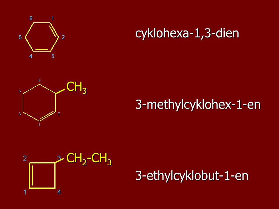 cyklohexa-1,3-dien CH3 3-methylcyklohex-1-en CH2-CH3 3-ethylcyklobut-1-en