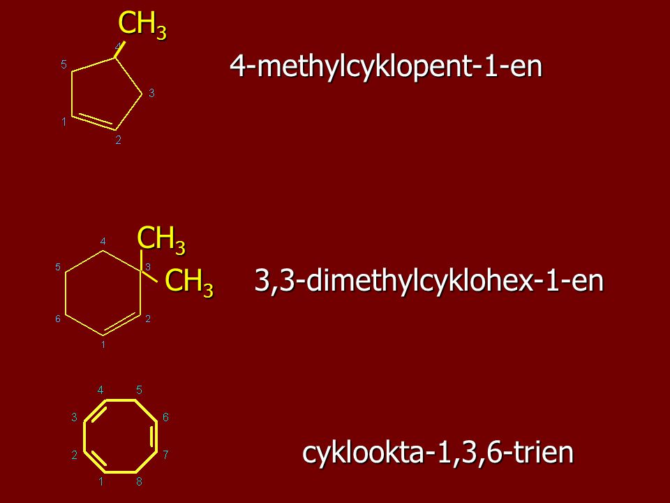 CH3 4-methylcyklopent-1-en CH3 3,3-dimethylcyklohex-1-en cyklookta-1,3,6-trien