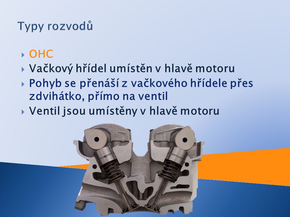 Typy rozvodů OHC Vačkový hřídel umístěn v hlavě motoru