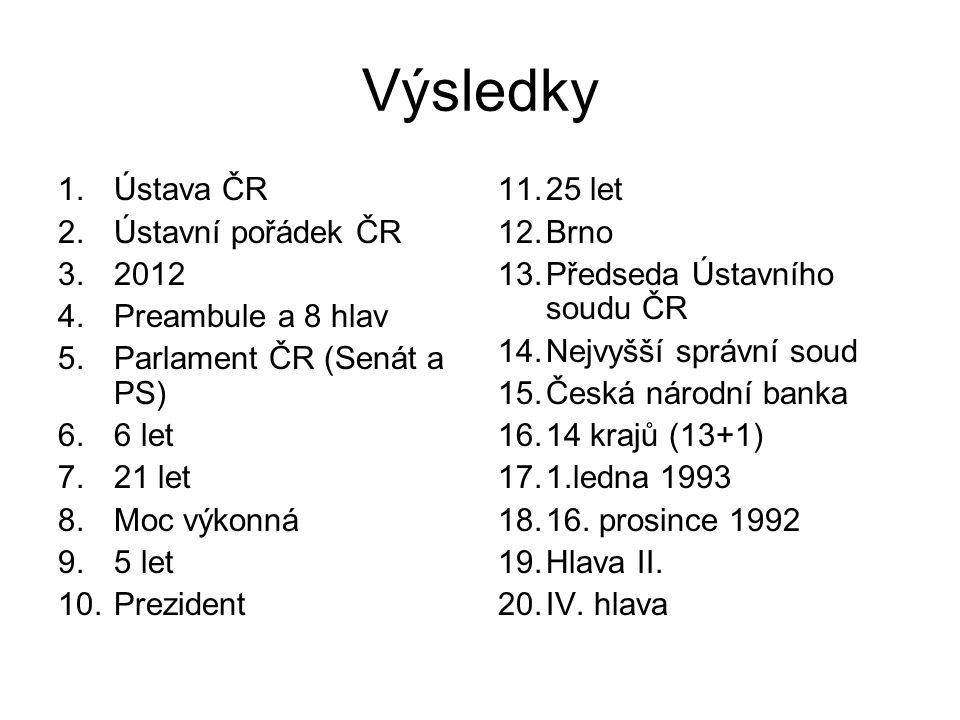 Výsledky Ústava ČR Ústavní pořádek ČR 2012 Preambule a 8 hlav