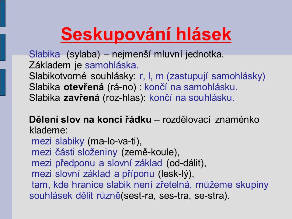 Seskupování hlásek Slabika (sylaba) – nejmenší mluvní jednotka.