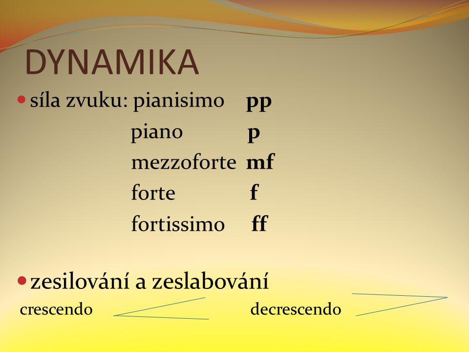 DYNAMIKA zesilování a zeslabování síla zvuku: pianisimo pp piano p
