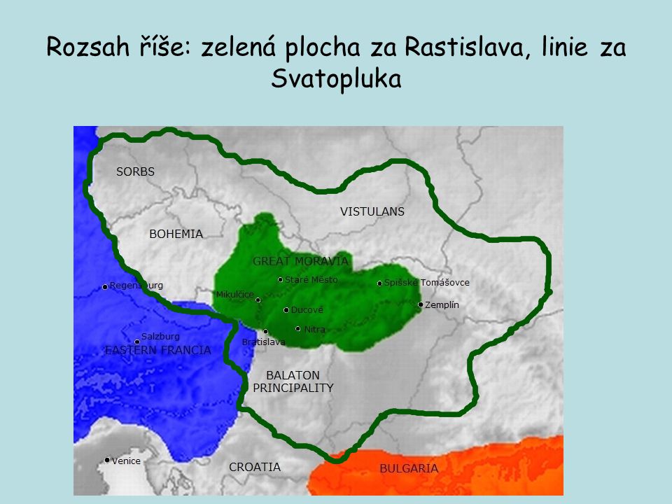Rozsah říše: zelená plocha za Rastislava, linie za Svatopluka