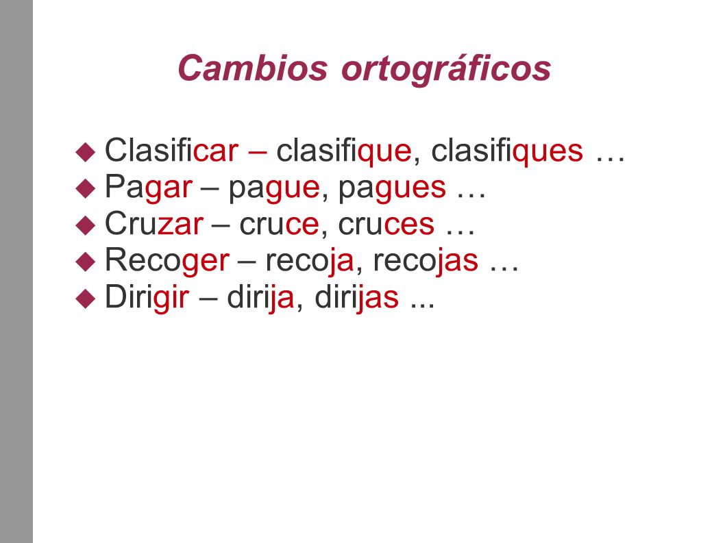Cambios ortográficos Clasificar – clasifique, clasifiques …