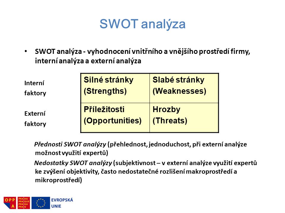 SWOT analýza SWOT analýza - vyhodnocení vnitřního a vnějšího prostředí firmy, interní analýza a externí analýza.