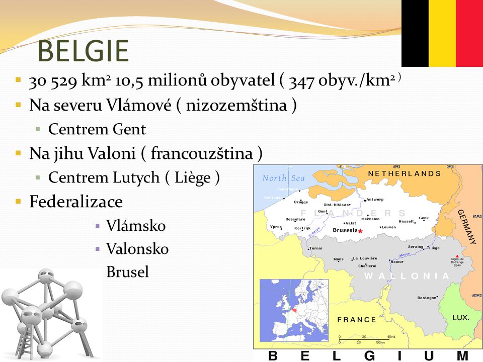 BELGIE km2 10,5 milionů obyvatel ( 347 obyv./km2 )