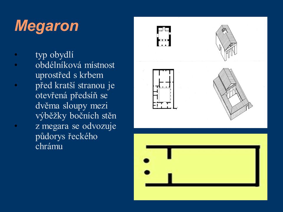 Megaron typ obydlí obdélníková místnost uprostřed s krbem