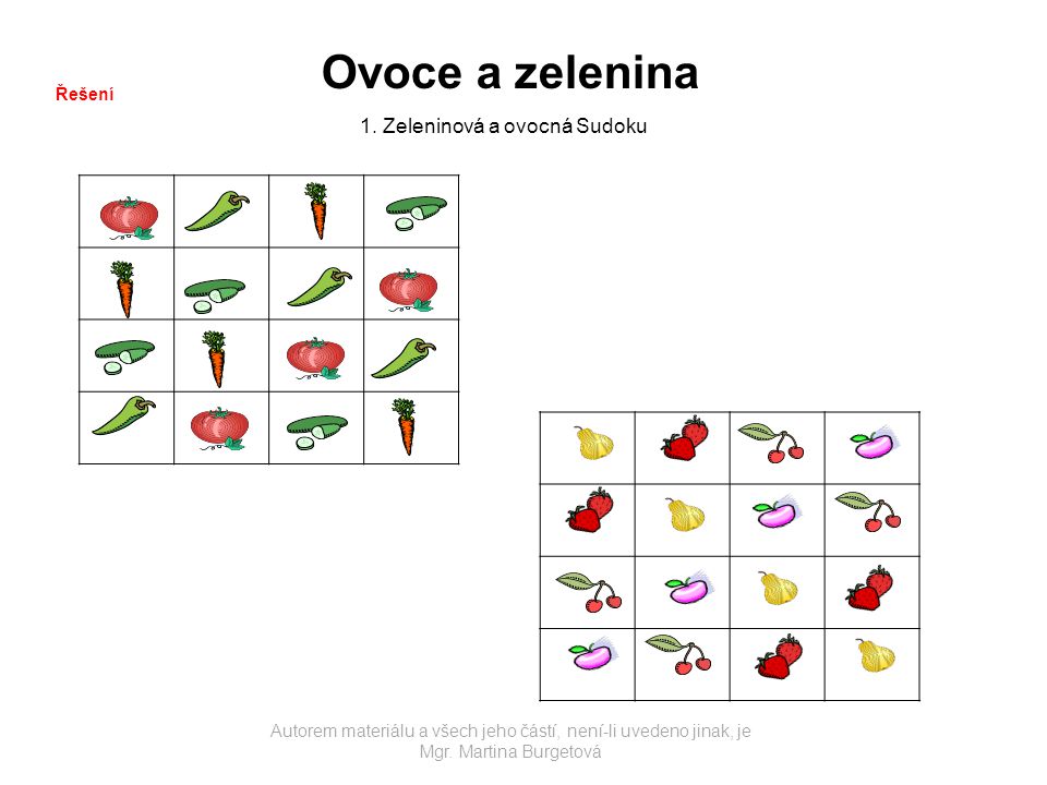 Ovoce a zelenina 1. Zeleninová a ovocná Sudoku Řešení