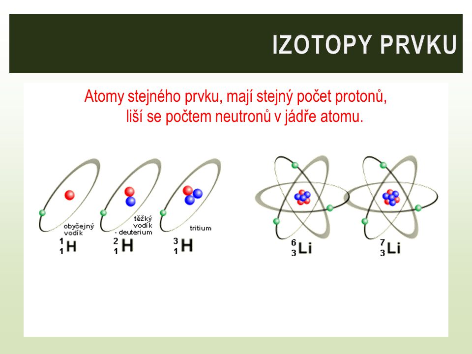 IZOTOPY PRVKU Atomy stejného prvku, mají stejný počet protonů, liší se počtem neutronů v jádře atomu.