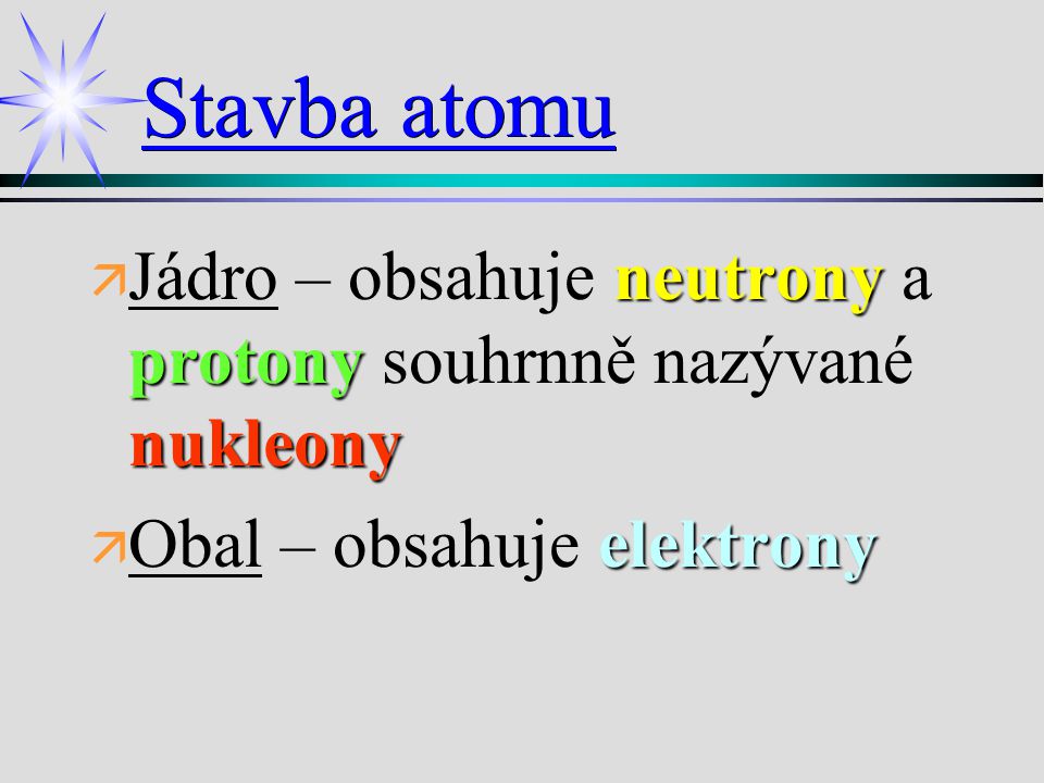 Stavba atomu Jádro – obsahuje neutrony a protony souhrnně nazývané nukleony.