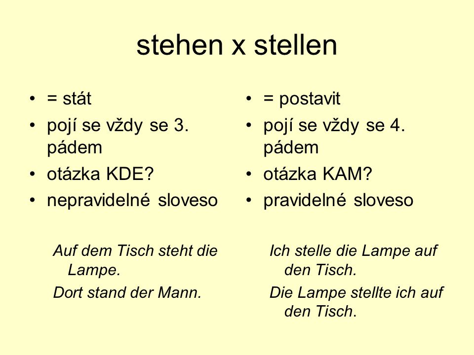 stehen x stellen = stát pojí se vždy se 3. pádem otázka KDE