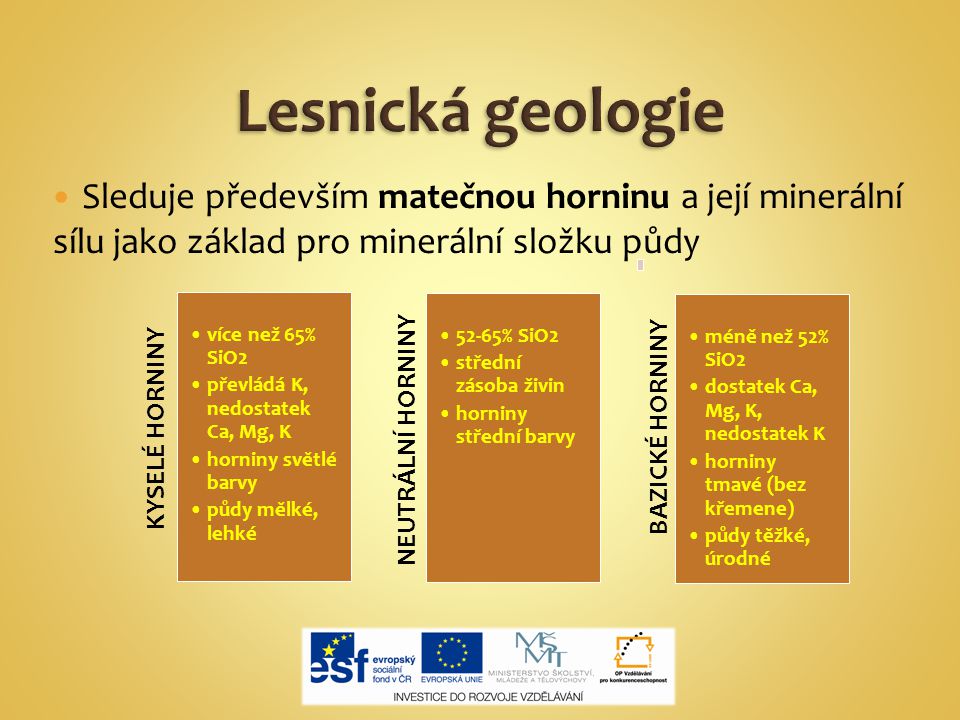 Lesnická geologie Sleduje především matečnou horninu a její minerální sílu jako základ pro minerální složku půdy.