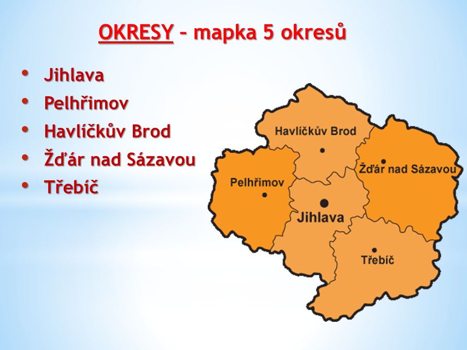 OKRESY – mapka 5 okresů Jihlava Pelhřimov Havlíčkův Brod