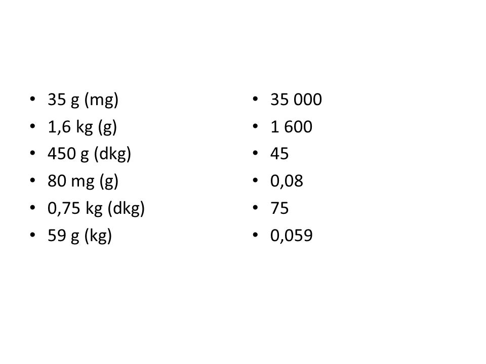 35 g (mg) 1,6 kg (g) 450 g (dkg) 80 mg (g) 0,75 kg (dkg) 59 g (kg) , ,059