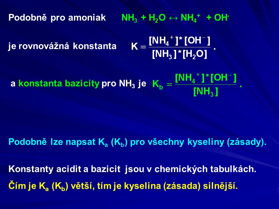 Podobně pro amoniak NH3 + H2O ↔ NH4+ + OH-