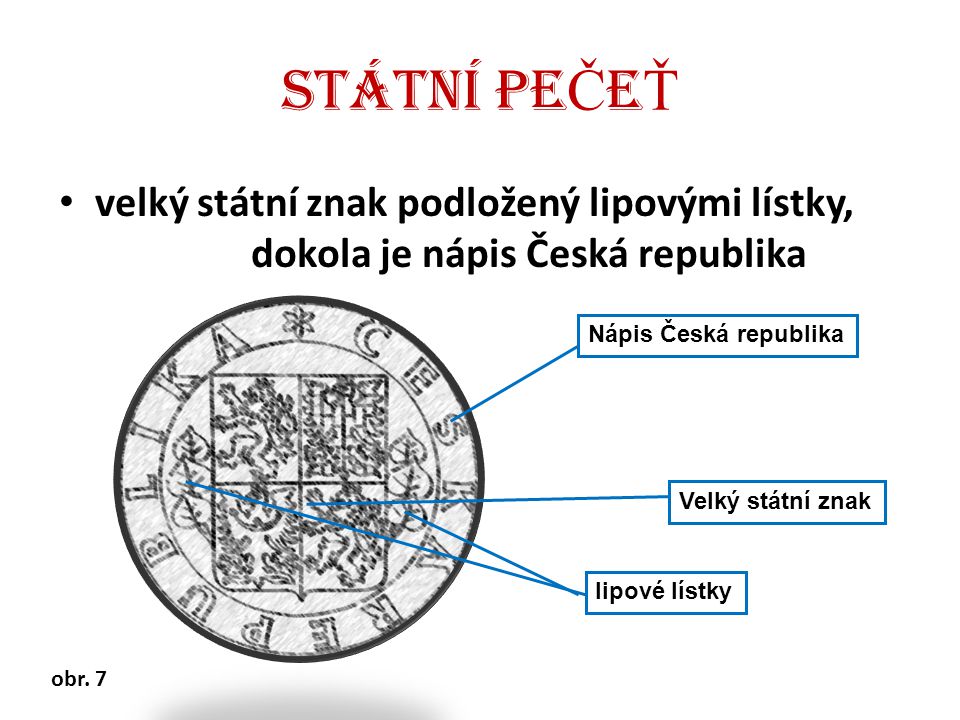 STÁTNÍ PEČEŤ velký státní znak podložený lipovými lístky, dokola je nápis Česká republika. Nápis Česká republika.