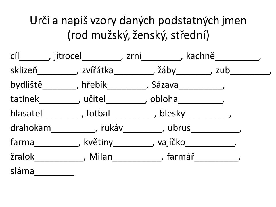 Urči a napiš vzory daných podstatných jmen (rod mužský, ženský, střední)