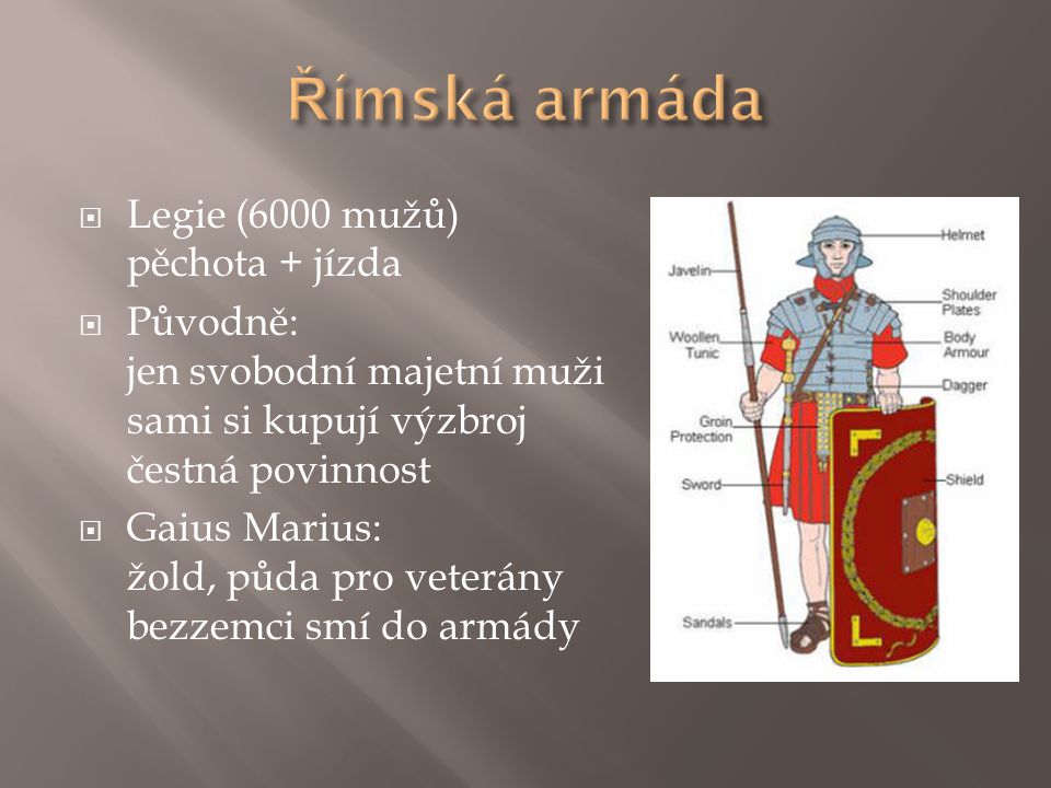 Římská armáda Legie (6000 mužů) pěchota + jízda