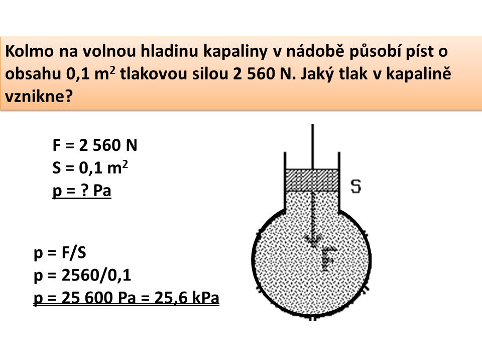 Kolmo na volnou hladinu kapaliny v nádobě působí píst o obsahu 0,1 m2 tlakovou silou N. Jaký tlak v kapalině vznikne