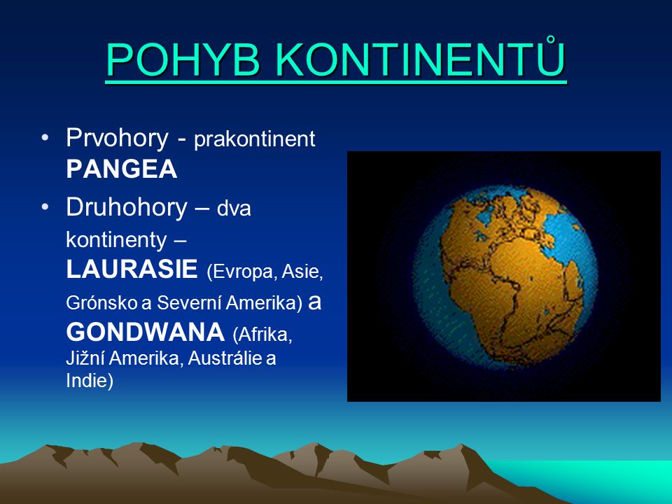POHYB KONTINENTŮ Prvohory - prakontinent PANGEA