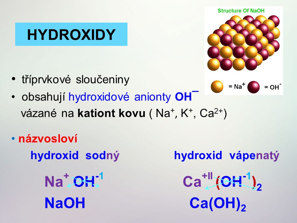 HYDROXIDY Na+ OH-1 Ca+II (OH-1)2 NaOH Ca(OH)2 tříprvkové sloučeniny