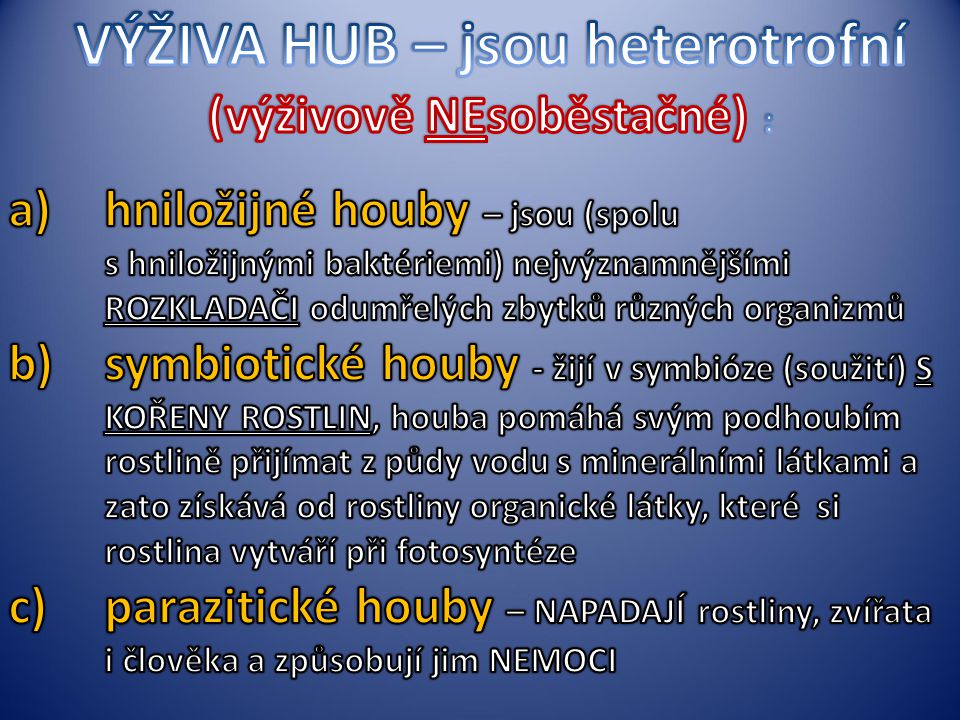 VÝŽIVA HUB – jsou heterotrofní (výživově NEsoběstačné) :