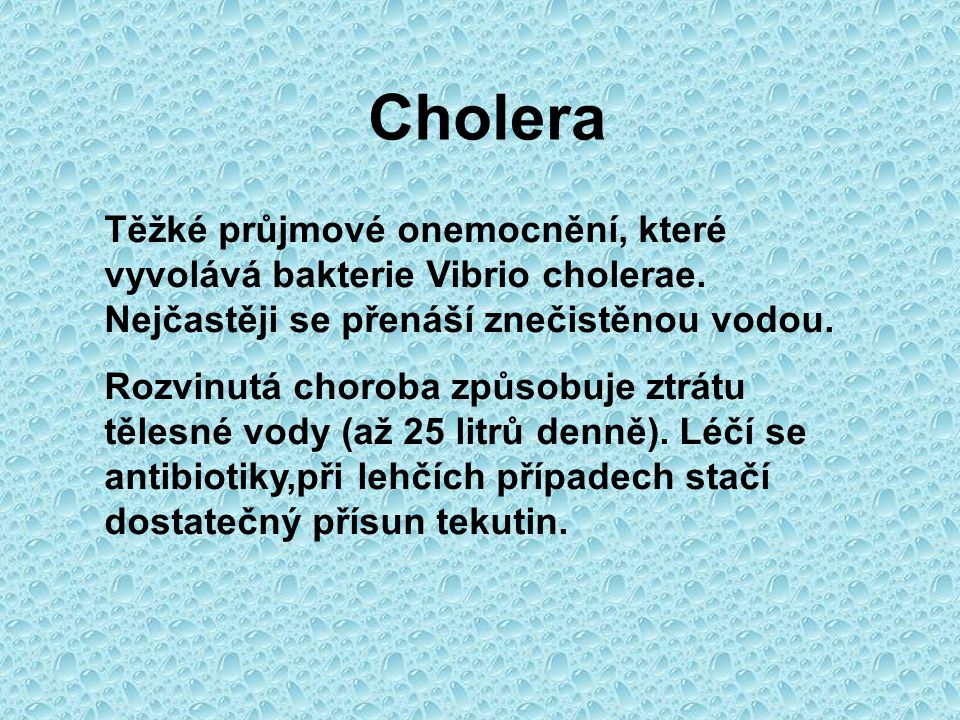 Cholera Těžké průjmové onemocnění, které vyvolává bakterie Vibrio cholerae. Nejčastěji se přenáší znečistěnou vodou.