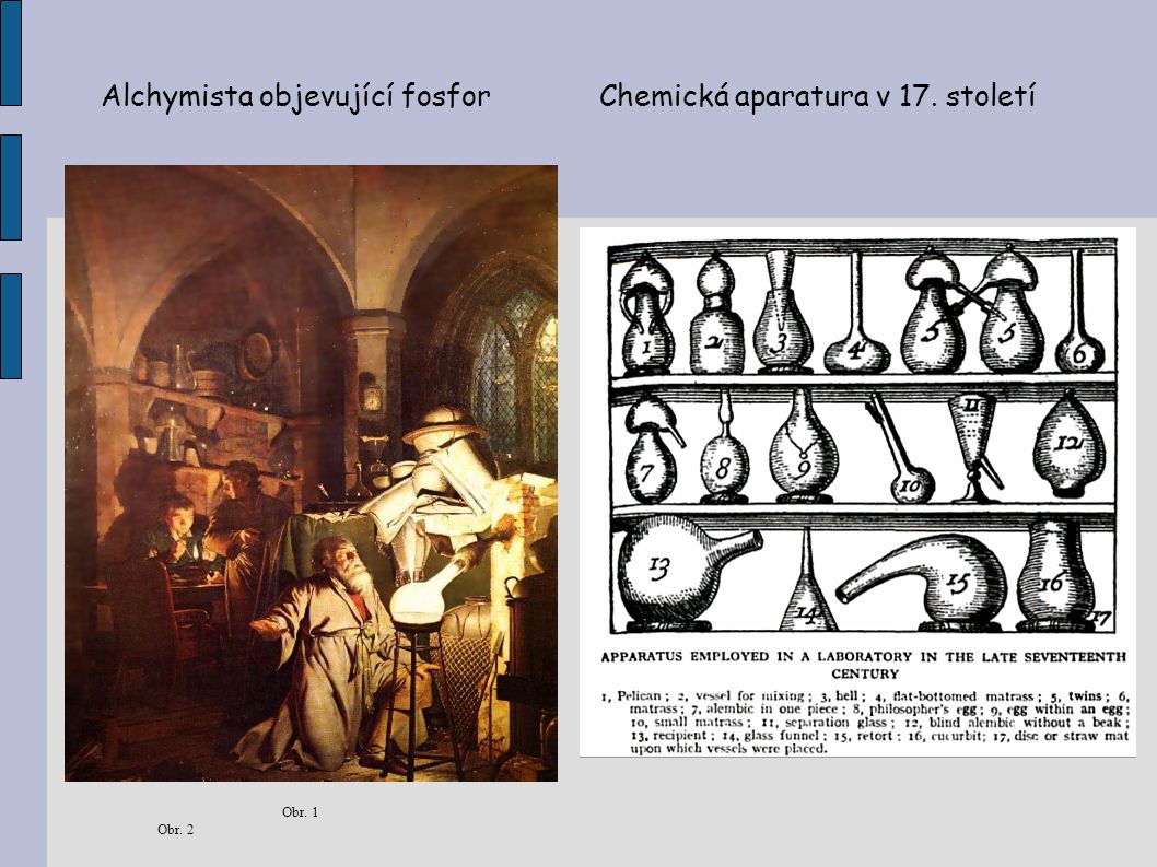 Alchymista objevující fosfor Chemická aparatura v 17. století