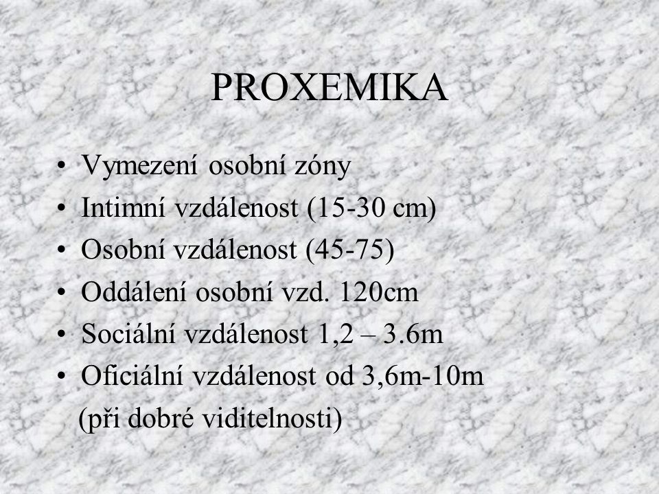 PROXEMIKA Vymezení osobní zóny Intimní vzdálenost (15-30 cm)