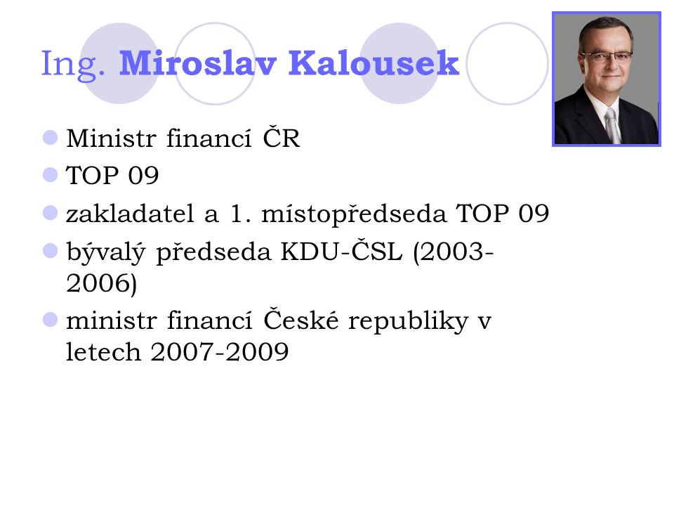 Ing. Miroslav Kalousek Ministr financí ČR TOP 09